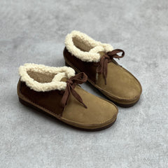 Women Retro Handmade Color-block Stitched Fleece Flat Shoes Newgew Shoes