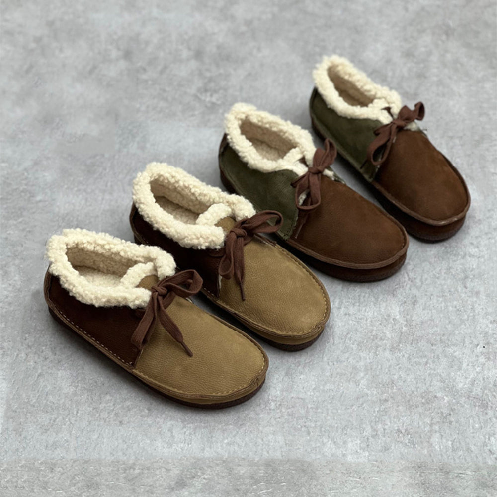 Women Retro Handmade Color-block Stitched Fleece Flat Shoes Newgew Shoes