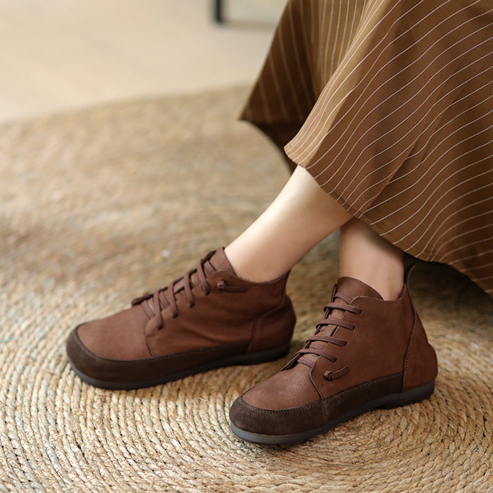 Women Retro Leather Color-Block Slip-On Boots Newgew Shoes