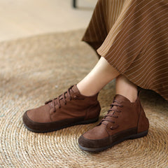 Women Retro Leather Color-Block Slip-On Boots Newgew Shoes