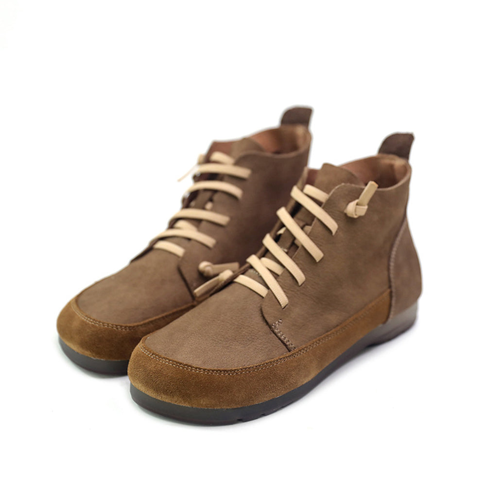Women Retro Leather Color-Block Slip-On Boots Newgew Shoes