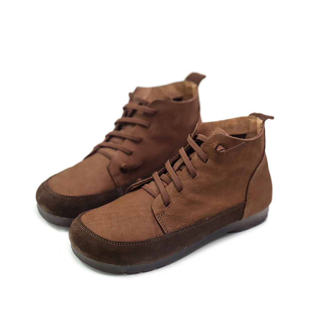 Women Retro Leather Color-Block Slip-On Boots Newgew Shoes