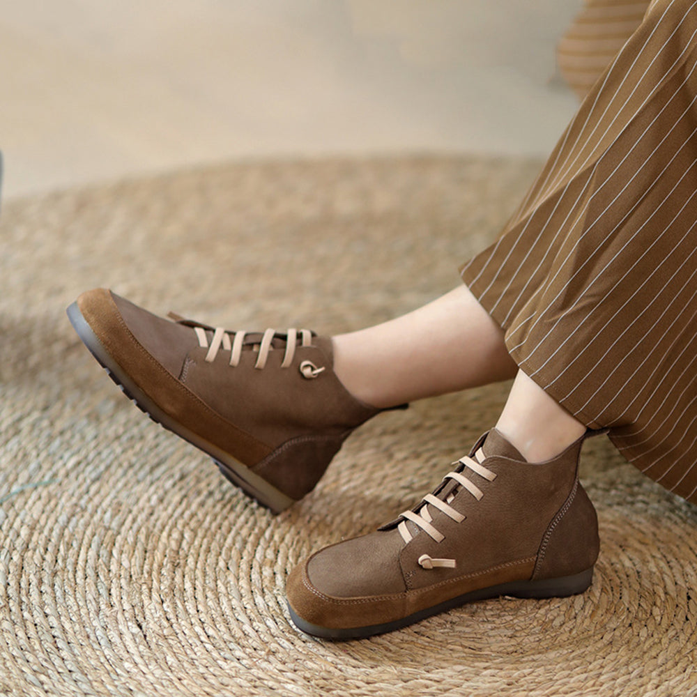 Women Retro Leather Color-Block Slip-On Boots Newgew Shoes