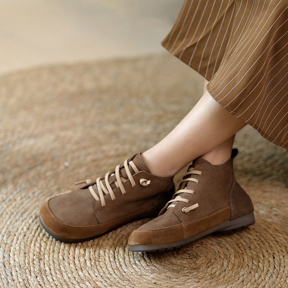 Women Retro Leather Color-Block Slip-On Boots Newgew Shoes