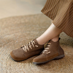 Women Retro Leather Color-Block Slip-On Boots Newgew Shoes