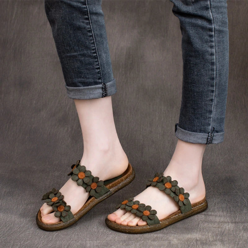 Women Retro Summer Leather Applique Slippers Newgew Shoes