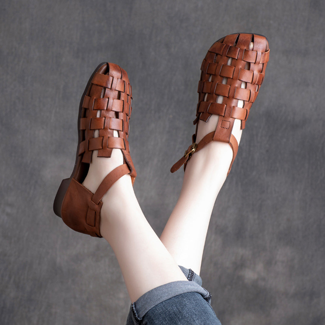Women Retro Woven Cowhide Leather Sandals Newgew Shoes