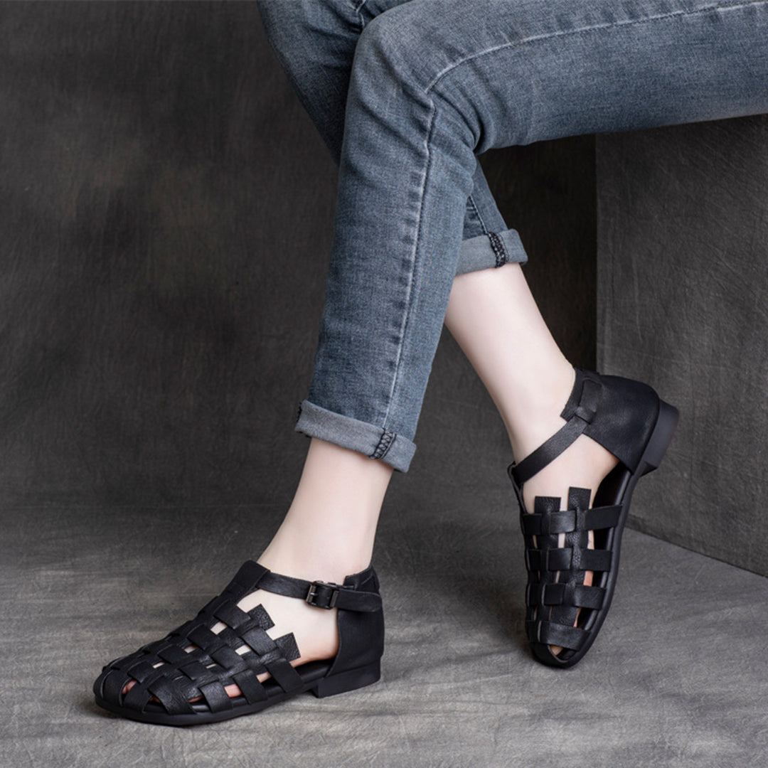 Women Retro Woven Cowhide Leather Sandals Newgew Shoes