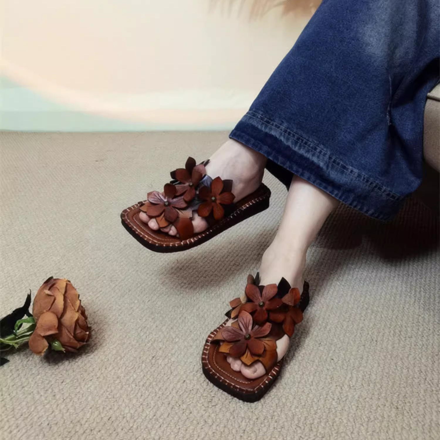 Women Square Toe Leather Applique Slippers Newgew Shoes