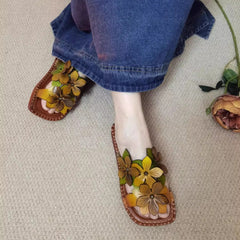 Women Square Toe Leather Applique Slippers Newgew Shoes