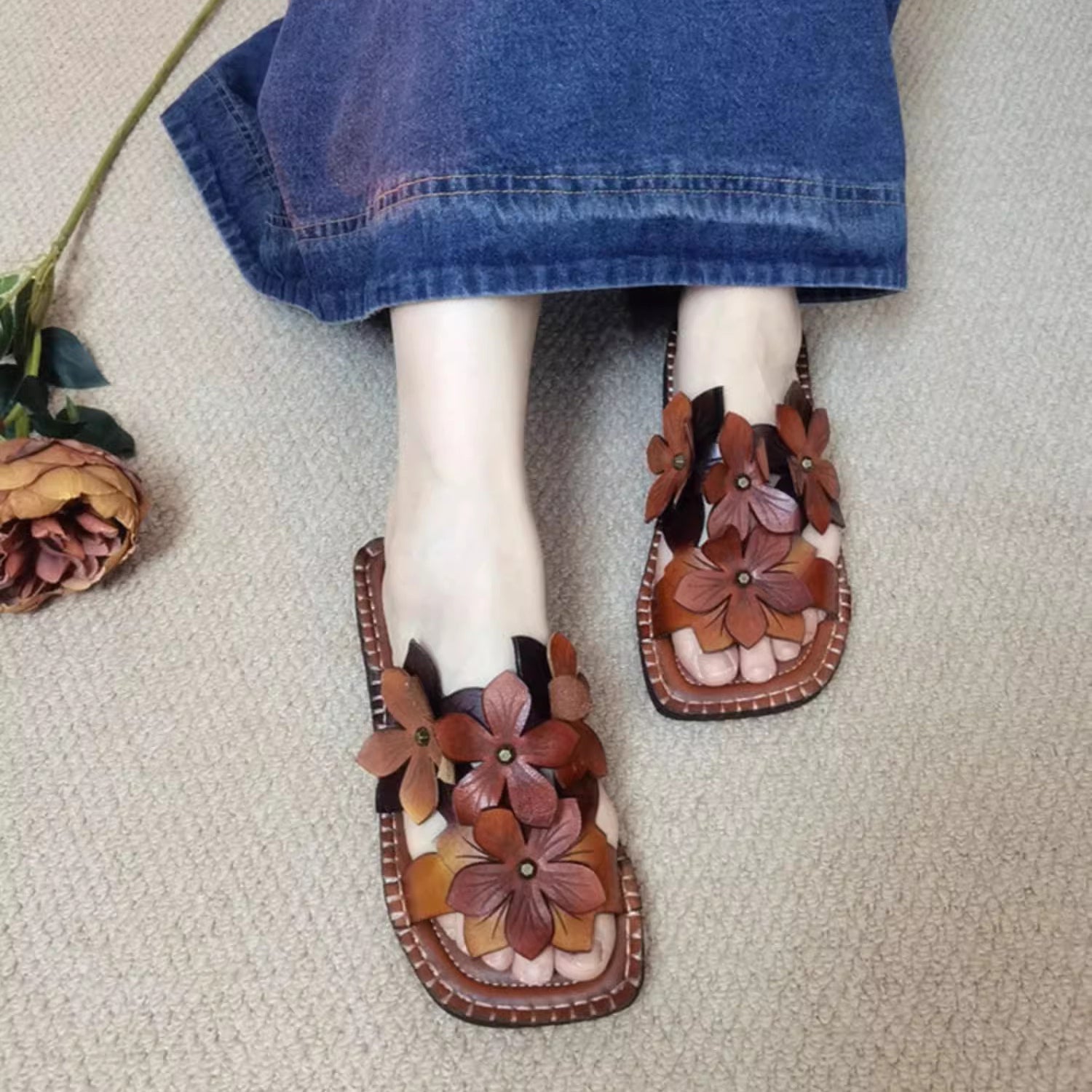 Women Square Toe Leather Applique Slippers Newgew Shoes