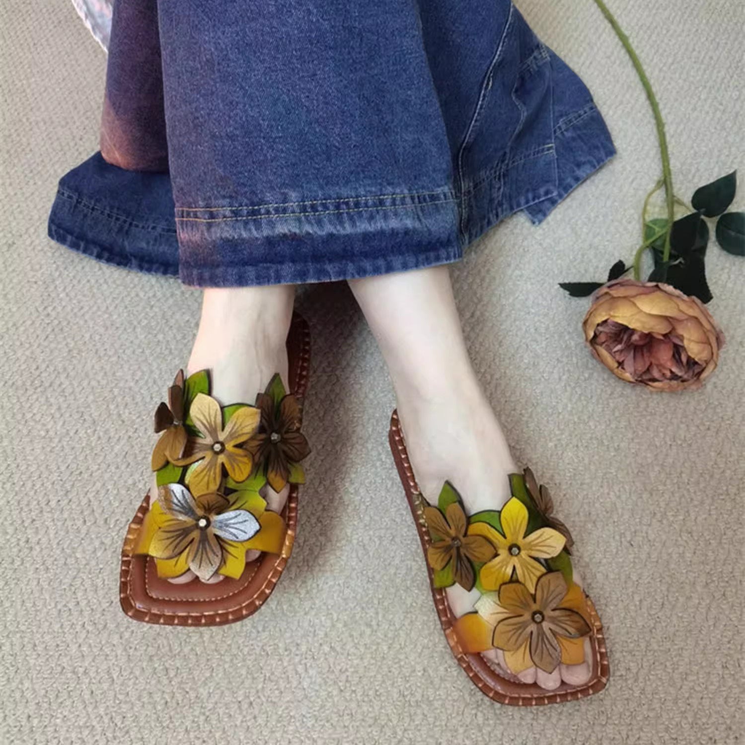 Women Square Toe Leather Applique Slippers Newgew Shoes