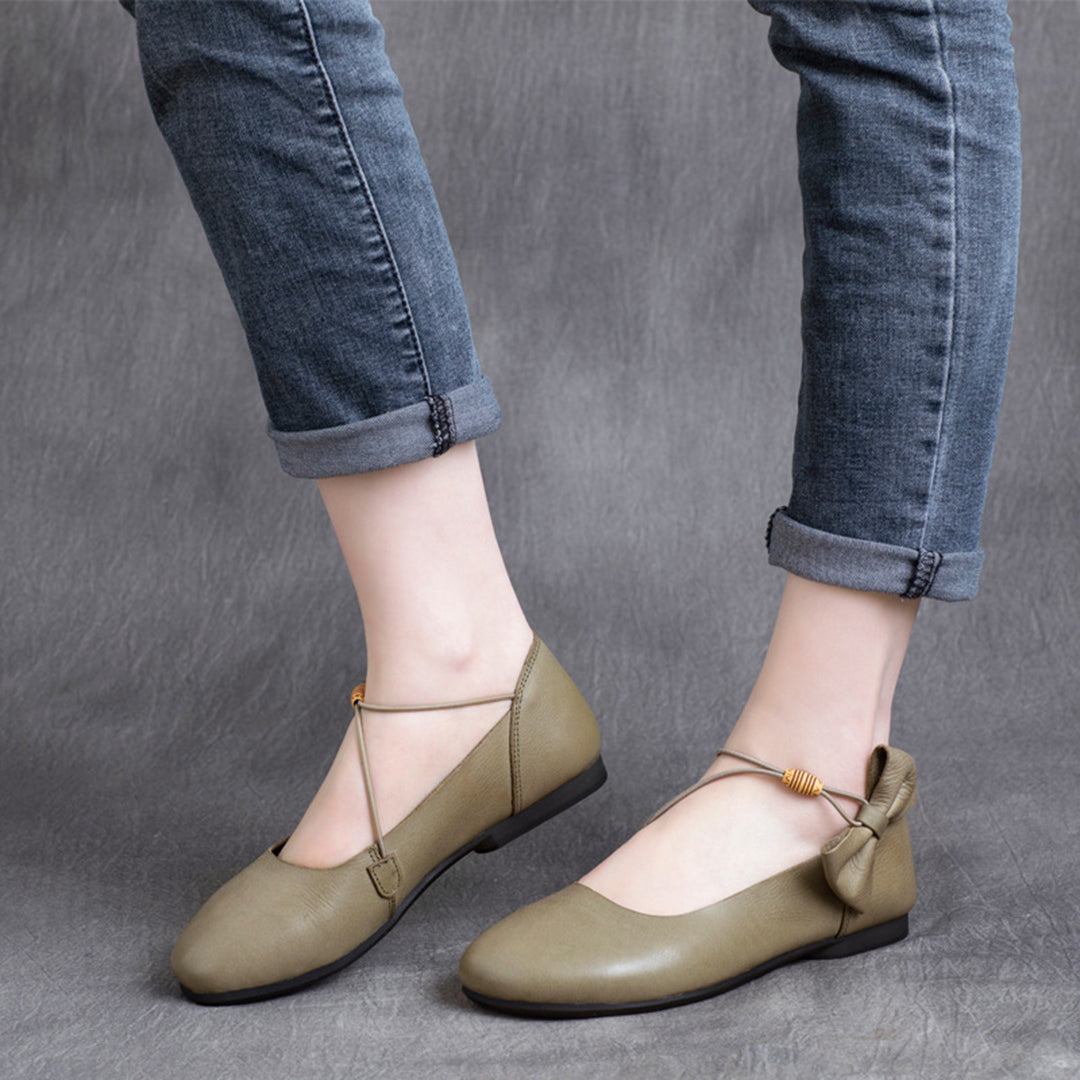 Women Strap Leather Flats With Bowknot Newgew Shoes