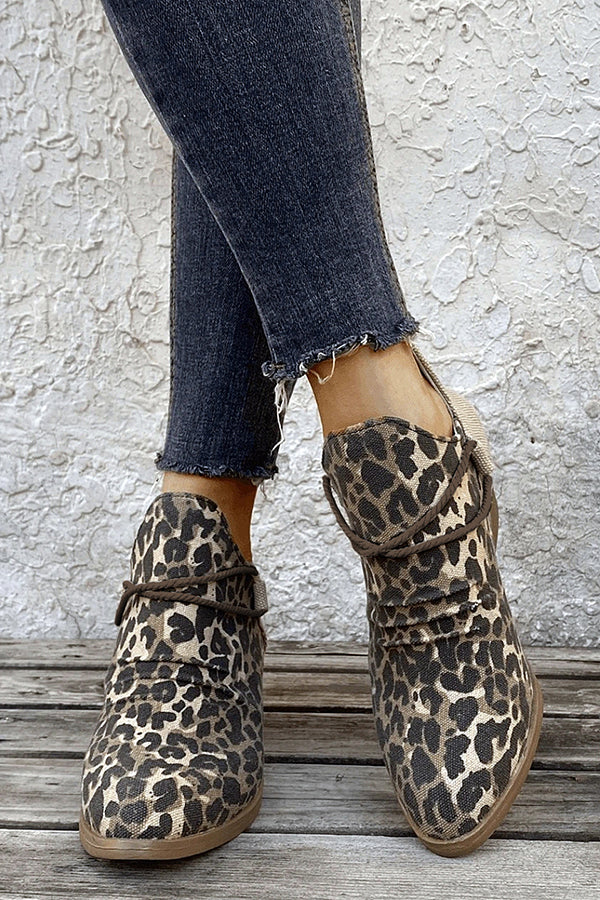 Retro Pointed Toe Square Heel Leopard Print Fashion Short Boots NewGew