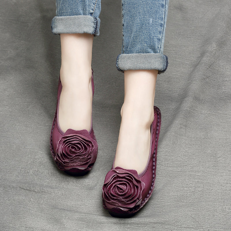 Women Retro Flower Leather Casual Flats Newgew Shoes