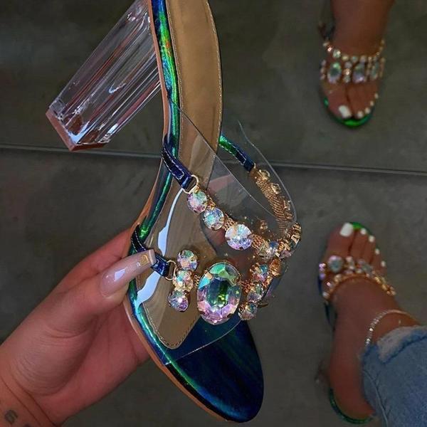 Rhinestone Chunky Heel Slip-On Flip Flop Pvc Slippers NewGew