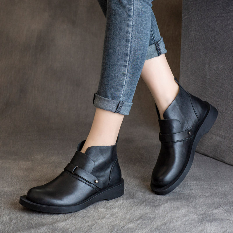 Women Solid Leather Retro Soft Flat Boots Newgew Shoes