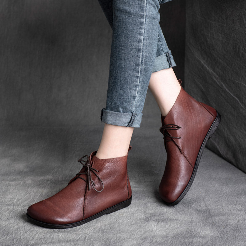 Women Solid Leather Retro Causal Flat Boots Newgew Shoes