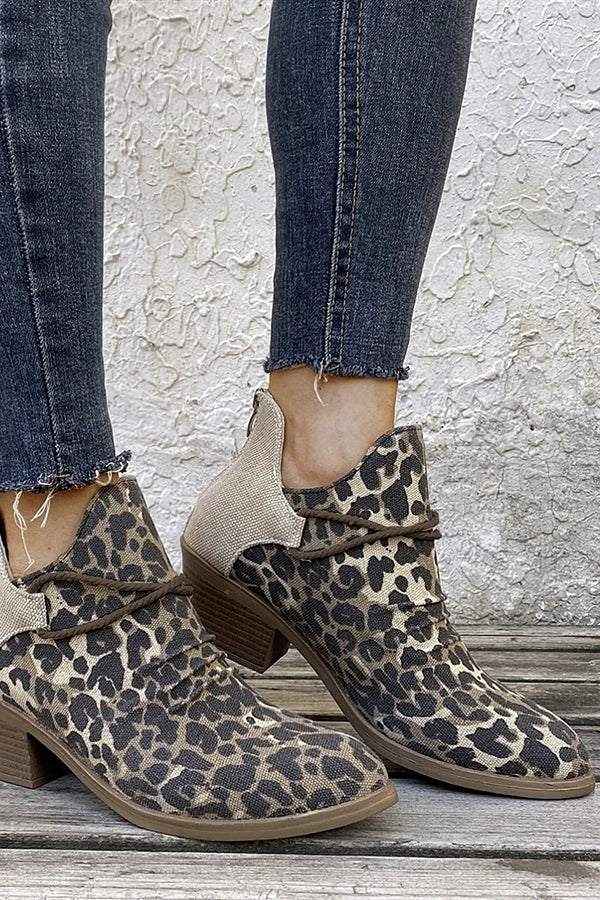 Retro Pointed Toe Square Heel Leopard Print Fashion Short Boots NewGew