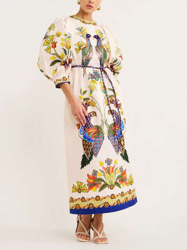 Exquisite And Fun Printed Puff Sleeves Loose Casual Midi Dress Newgew Dresses