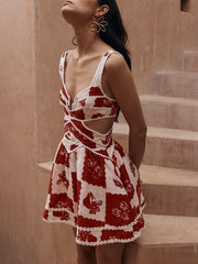 Floral Decorative Unique Print V-Neck Hollow A-Line Mini Dress Newgew Dresses