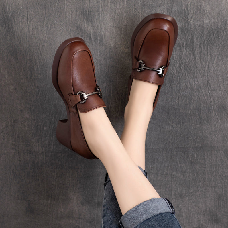 Women Retro Handmade Round Head Leather Loafers Newgew Shoes