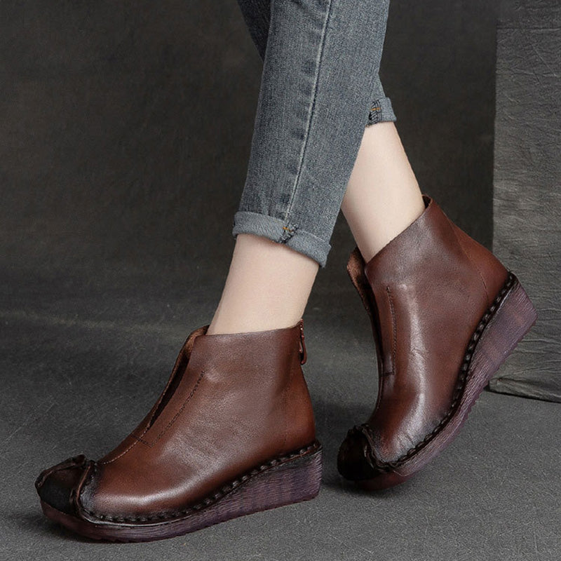 Women Retro Low Wedge Leather Ankle Boots Newgew Shoes