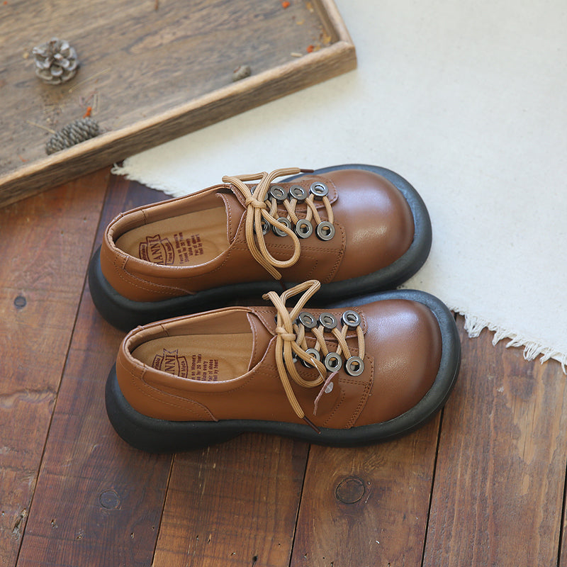 Women Retro Cowhide Lace Up Casual Shoes Newgew Shoes