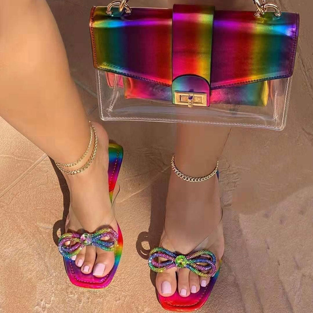 Glittering Gem Bowknot Trim Rainbow Print Square Toe Slippers - Colorful NewGew