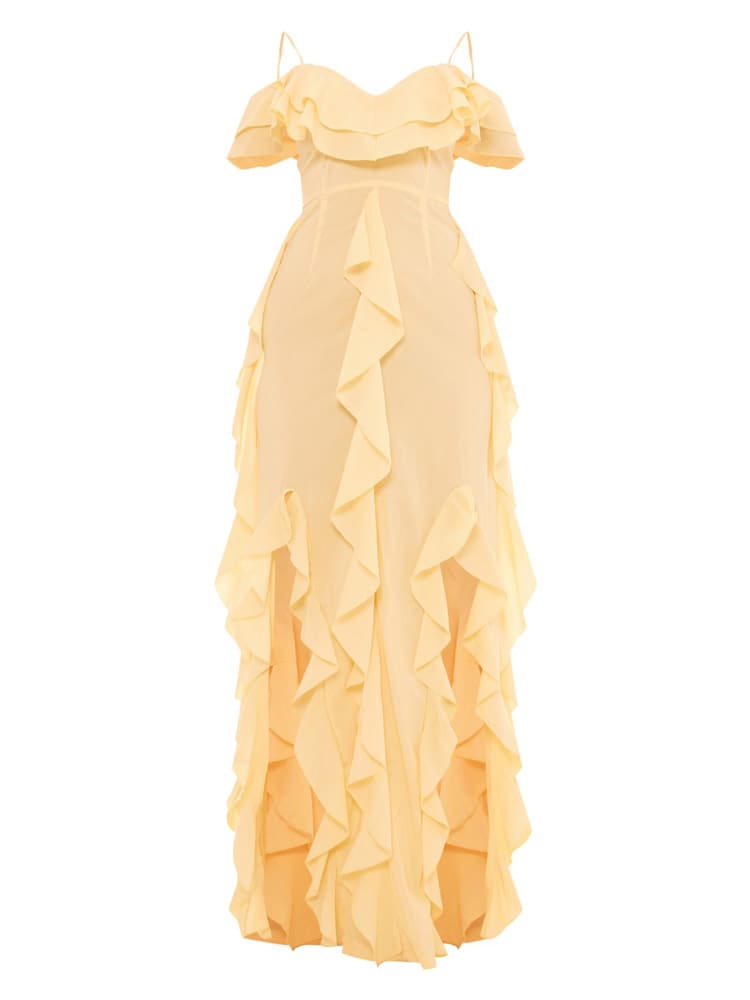 Lemon Cold Shoulder Ruffle Detail Maxi Dress Newgew Dresses