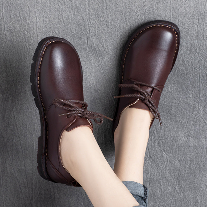Women Retro Solid Cowhide Leather Soft Shoes Newgew Shoes
