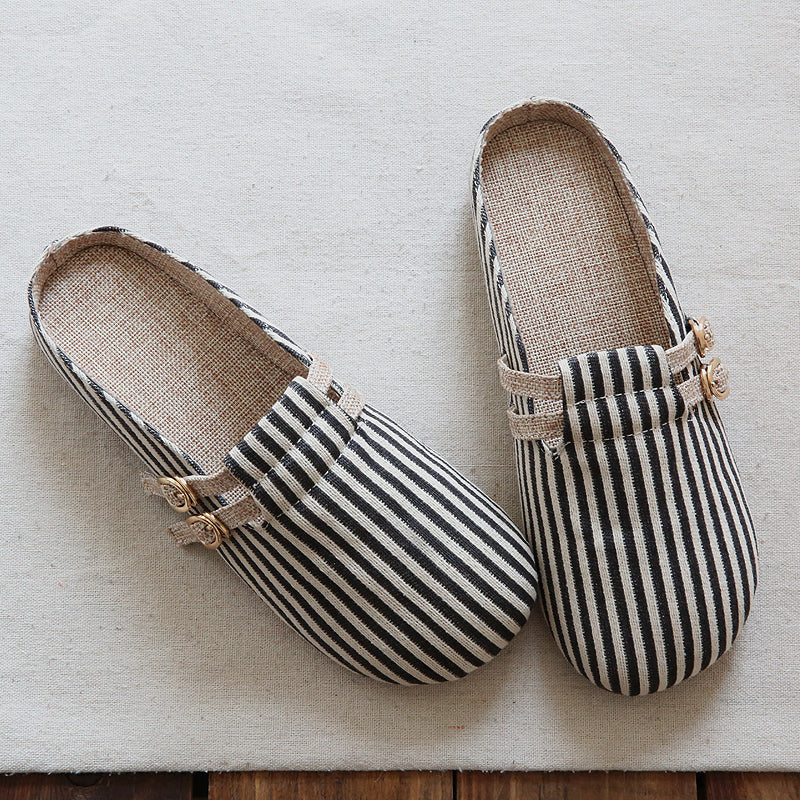 Women Retro Stripe Canvas Flat Casual Mules Newgew Shoes