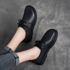 Women Retro Solid Cowhide Leather Soft Shoes Newgew Shoes