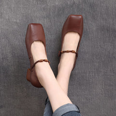 Women Solid Leather Square Head Pumps Newgew Shoes