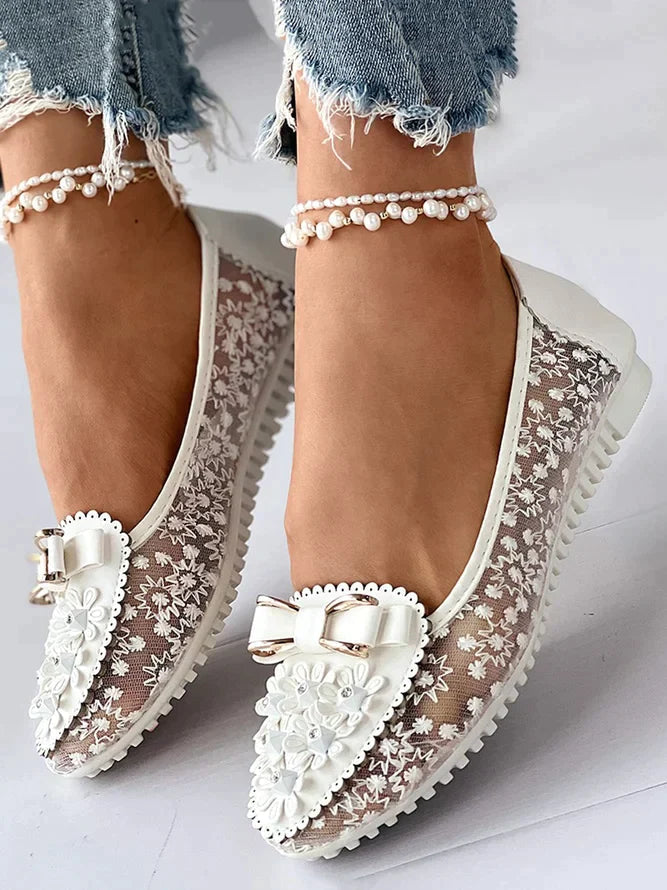 Elegant Applique Bowknot Decor Wedding Bridal Shoes Lace Split Joint Ballet Flats NewGew