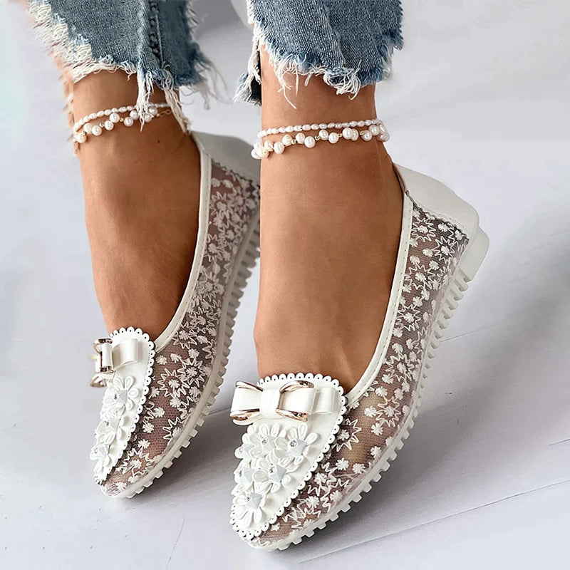 Elegant Applique Bowknot Decor Wedding Bridal Shoes Lace Split Joint Ballet Flats NewGew