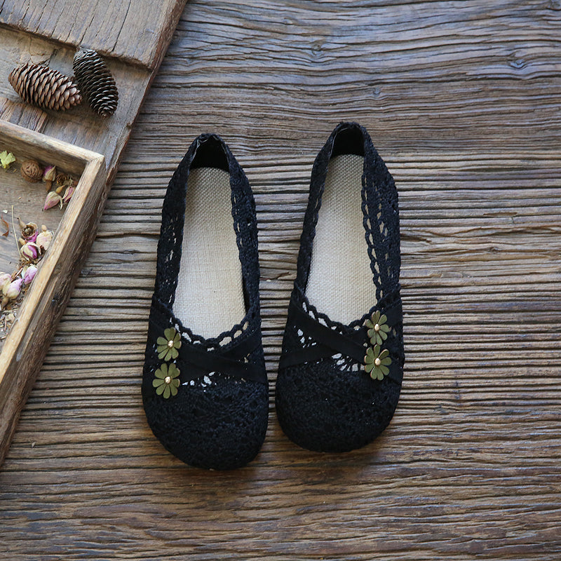 Women Retro Flower Hollow Cotton Linen Flats Newgew Shoes