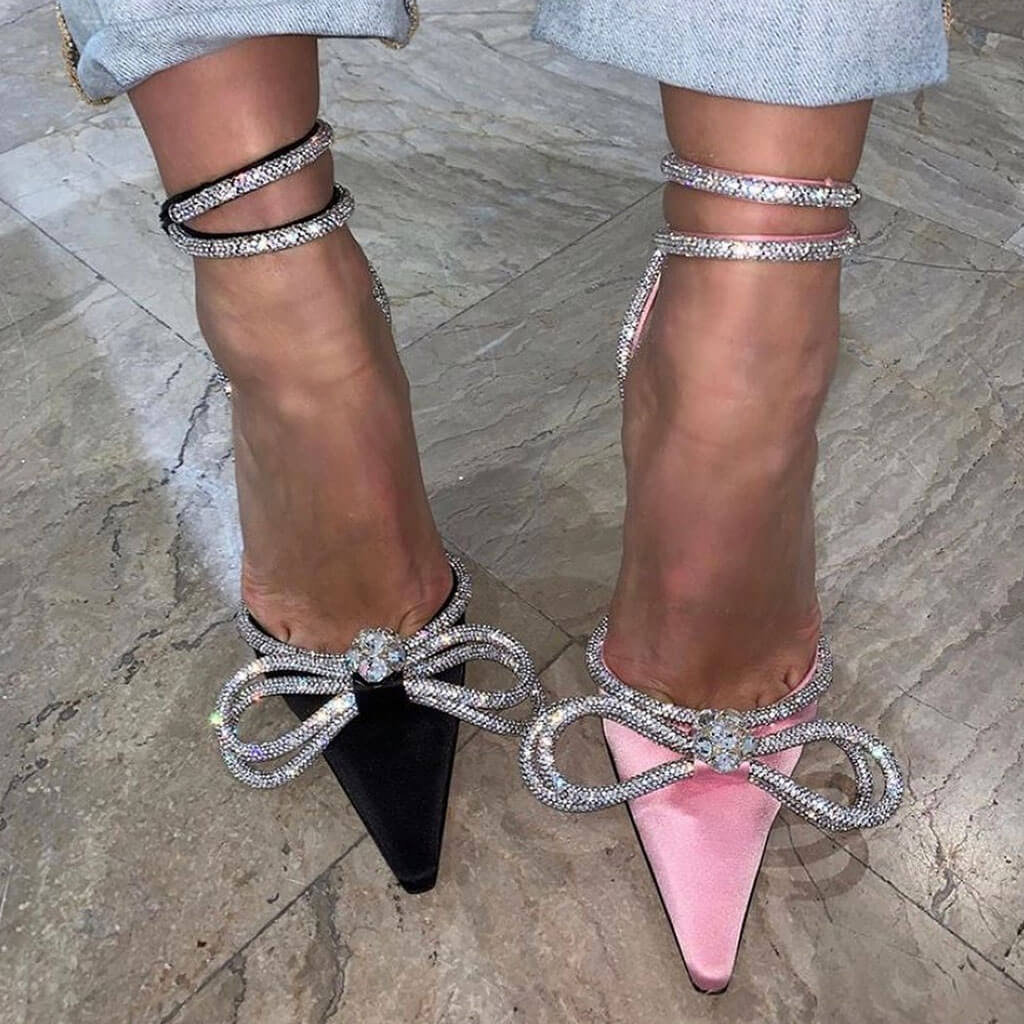 Sparkly Rhinestone Pointed Toe Ankle Strap Satin Butterfly Heels - Pink NewGew