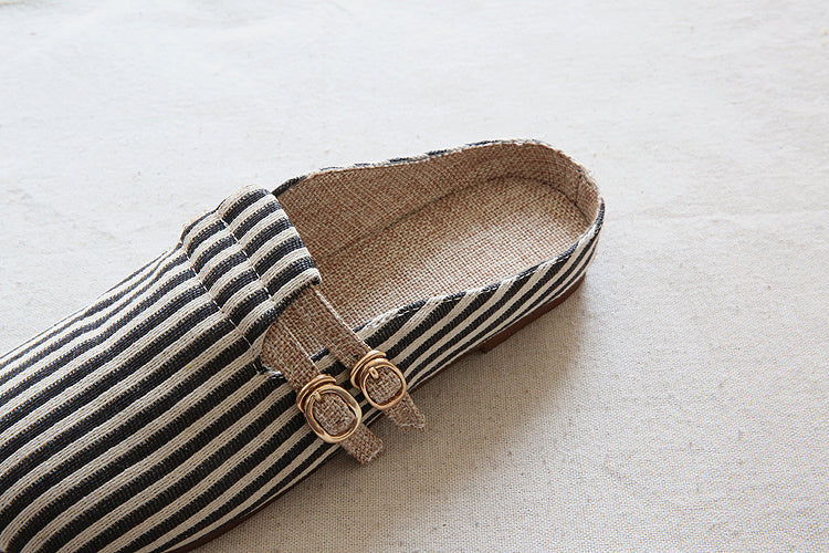 Women Retro Stripe Canvas Flat Casual Mules Newgew Shoes