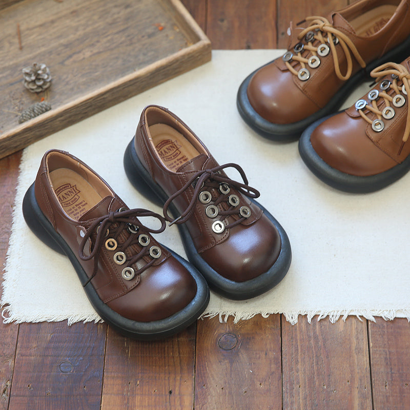Women Retro Cowhide Lace Up Casual Shoes Newgew Shoes