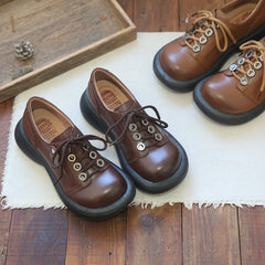 Women Retro Cowhide Lace Up Casual Shoes Newgew Shoes