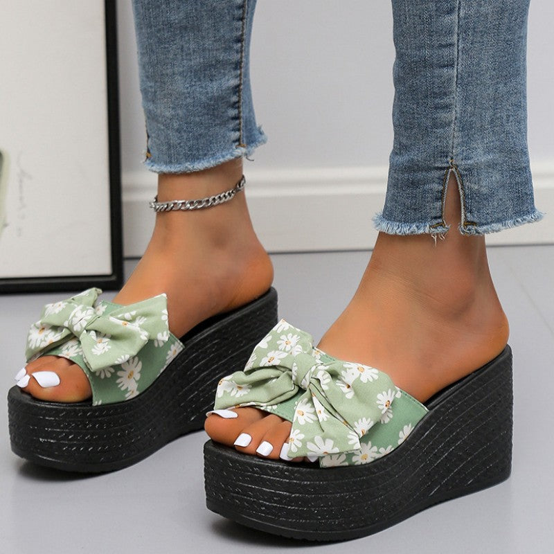 Casual Patchwork Printing With Bow Round Wedges Shoes (Heel Height 3.15in) NewGew