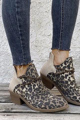 Retro Pointed Toe Square Heel Leopard Print Fashion Short Boots NewGew