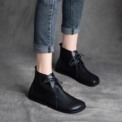 Women Solid Leather Retro Causal Flat Boots Newgew Shoes