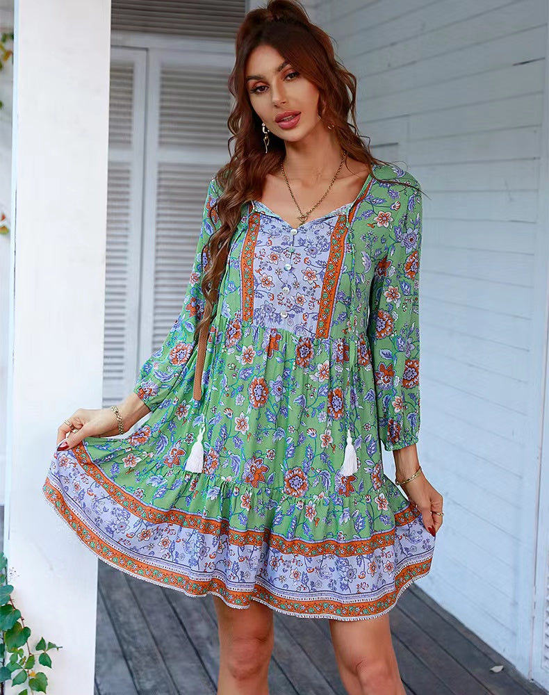 V-neck Printed Casual Bohemian Short Dress Newgew Dresses
