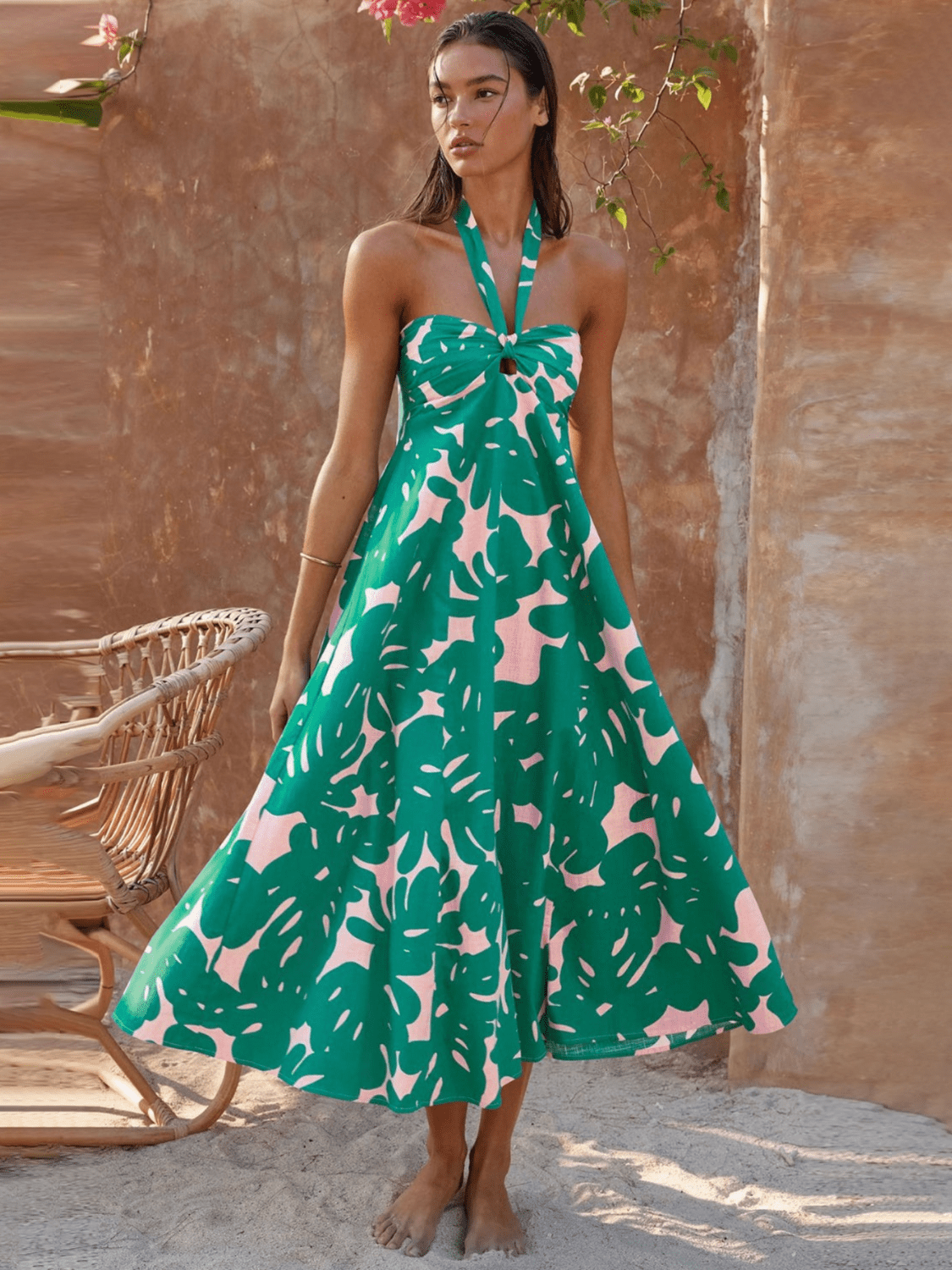 Loral Print Halter Maxi Dress-Green Newgew Dresses