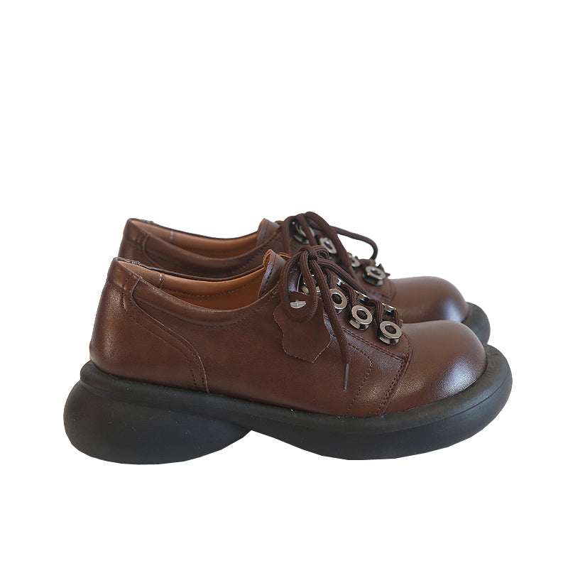 Women Retro Cowhide Lace Up Casual Shoes Newgew Shoes