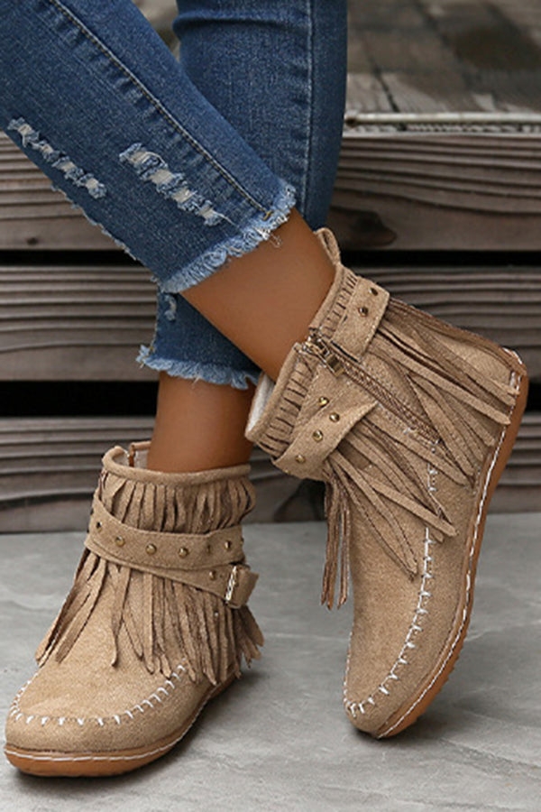 Casual Warm Solid Color Side Zipper Low-Cut Tassel Flat Ankle Boots NewGew