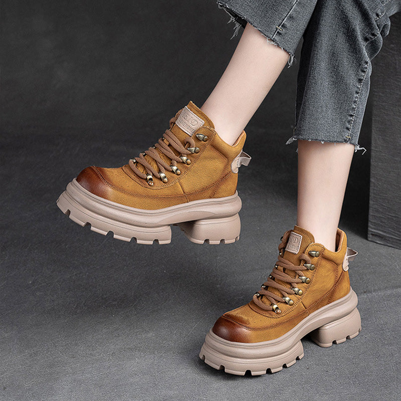 Women Retro Leather Chunky Platform Ankle Boots Newgew Shoes