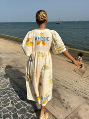 Unique Holiday Folk Floral Print Puff Sleeve Midi Dress Newgew Dresses